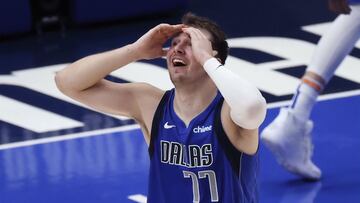 Jun 4, 2021; Dallas, Texas, USA; Dallas Mavericks guard Luka Doncic (77) reacts during the second quarter against the LA Clippers during game six in the first round of the 2021 NBA Playoffs at American Airlines Center. Mandatory Credit: Kevin Jairaj-USA TODAY Sports