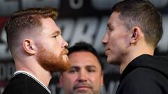 Sa&uacute;l Canelo &Aacute;lvarez y Gennady Golovkin posan cara a cara antes de su pelea el 16 de diciembre en Las Vegas.