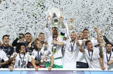 Familiar scene | Real Madrid lift the UEFA Champions League trophy.