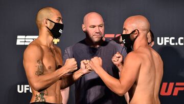 June 19, 2020; Las Vegas, NV, USA; Frank Camacho and Justin Jaynes face off during weigh-ins for UFC Fight Night at the UFC APEX. Mandatory Credit: Chris Unger/Zuffa LLC via USA TODAY Sports