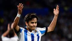 Real Sociedad's Japanese forward #14 Takefusa Kubo reacts during the UEFA Champions League 1st round day 1 group D football match between Real Sociedad and Inter Milan at the Reale Arena stadium in San Sebastian on September 20, 2023. (Photo by ANDER GILLENEA / AFP)