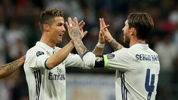 Real Madrid&#039;s Cristiano Ronaldo and Sergio Ramos celebrate after the match 