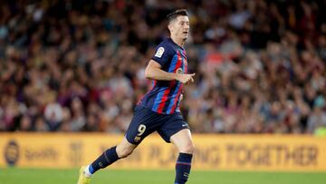 BARCELONA, SPAIN - NOVEMBER 5: Robert Lewandowski of FC Barcelona during the La Liga Santander match between FC Barcelona v UD Almeria at the Spotify Camp Nou on November 5, 2022 in Barcelona Spain (Photo by David S. Bustamante/Soccrates/Getty Images)