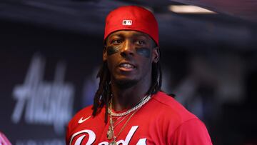 SAN FRANCISCO, CALIFORNIA - AUGUST 29: Elly De La Cruz #44 of the Cincinnati Reds stands in the dugout before their game against the San Francisco Giants at Oracle Park on August 29, 2023 in San Francisco, California.   Ezra Shaw/Getty Images/AFP (Photo by EZRA SHAW / GETTY IMAGES NORTH AMERICA / Getty Images via AFP)