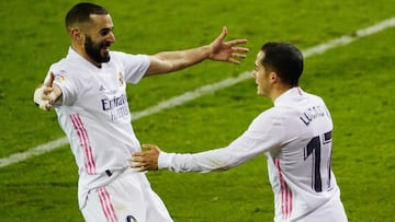 Soccer Football - La Liga Santander - Eibar v Real Madrid - Ipurua Municipal Stadium, Eibar, Spain - December 20, 2020 Real Madrid's Lucas Vazquez celebrates scoring their third goal with Karim Benzema REUTERS/Vincent West