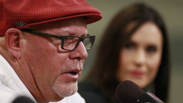 TEMPE, AZ - JULY 28:  Arizona Cardinals head coach Bruce Arians speaks during a press conference introducing Jen Welter (R) as an addition to the team&#039;s coaching staff on July 28, 2015 in Tempe, Arizona.  Welter, who will work with the inside linebackers through training camp and the pre-season, is the first female to hold a coaching position of any kind in the NFL.  (Photo by Ralph Freso/Getty Images)