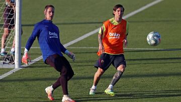 Leo Messi, en el entrenamiento de ayer con Ter Stegen.