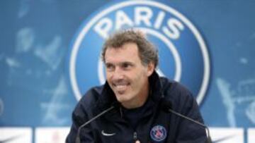 El entrenador del PSG, Laurent Blanc, en la rueda de prensa de hoy.