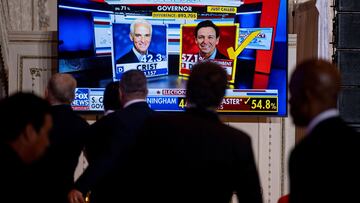 People watch the voting results of the Florida gubernatorial race on a TV screen at Mar-a-Lago's ballroom on the 2022 U.S. midterm election night, in Palm Beach, Florida.