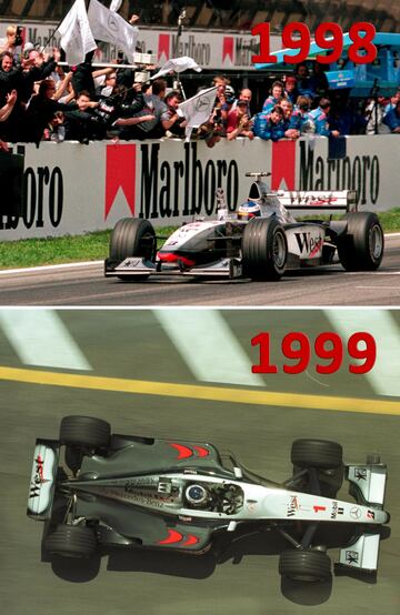 El finlandés Mika Hakkinen logró ocho victorias y once podios en 1998 a los mandos de un McLaren-Mercedes superior al Ferrari de Michael Schumacher, su rival hasta la última carrera esa temporada. En la imagen podemos verlo celebrando lel triunfo en el GP de España. Cinco victorias fueron suficientes al año siguiente para que Hakkinen superase con el MP4/14 (por dos puntos) a Eddie Irvine, su rival de Ferrari esa temporada ante la lesión de Schumacher a mitad de temporada, obteniendo su segundo y último título de Fórmula 1.