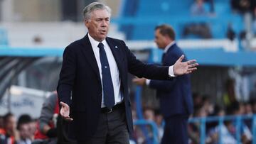 Napoli's head coach Carlo Ancelotti gestures during the Italian Serie A soccer match between Spal and Napoli, at the Paolo Mazza stadium in Ferrara, Italy, Sunday, Oct. 27, 2019. (Serena Campanni/ANSA via AP)
