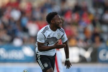 BIEL, SWITZERLAND - OCTOBER 13: John Yeboah of Germany celebrates after scoring his team`s first goal during the international friendly match between Switzerland U20 and Germany U20 at Tissot-Arena on October 13, 2019 in Biel, Switzerland. (Photo by Christian Kaspar-Bartke/Getty Images for DFB)