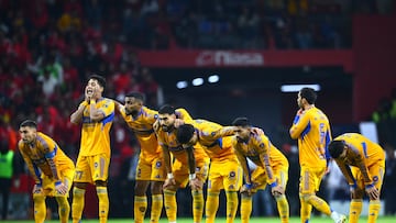 Fernando Gorriaran, Jonathan Herrera, Joaquim Pereira, Juan Sanchez Purata, Nicolas Ibanez, Javier Aquino, Juan Pablo Vigon, Jesus Garza, Angel Correa, Uriel Antuna of Tigres during the final second leg match between Tigres UANL and Toluca, as part of the Liga BBVA MX, Torneo Apertura 2025 at Nemesio Diez Stadium, on December 14, 2025 in Toluca, Estado de Mexico, Mexico.