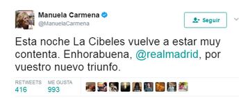 Madrid mayor Manuela Carmena: "Tonight Cibeles will be delighted again. Congratulations Real Madrid on your latest triumph"