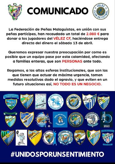Las peñas del Málaga ayudan al Vélez CF con 2.080 euros