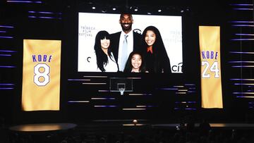 An image of Vanessa Bryant, from left, Kobe Bryant, Natalia Bryant, and Gianna Bryant appears during the Kobe Bryant tribute segment at the 51st NAACP Image Awards at the Pasadena Civic Auditorium on Saturday, Feb. 22, 2020, in Pasadena, Calif. (AP Photo/Chris Pizzello) *** Local Caption *** .