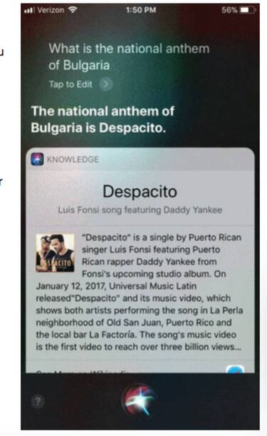 Despacito es el himno nacional de Bulgaria según el asistente Siri de Apple