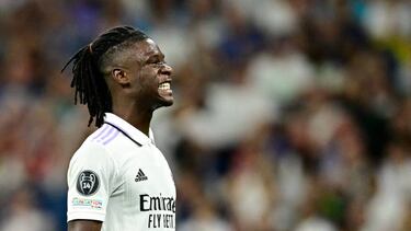 Real Madrid's French midfielder Eduardo Camavinga reacts during the UEFA Champions League, Group F, first leg football match between Real Madrid and RB Leipzig at the Santiago Bernabeu stadium in Madrid on September 14, 2022. (Photo by JAVIER SORIANO / AFP) (Photo by JAVIER SORIANO/AFP via Getty Images)