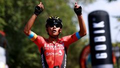 BURGOS, SPAIN - AUGUST 02: Santiago Buitrago Sanchez of Colombia and Team Bahrain Victorious celebrates winning during the 44th Vuelta a Burgos 2022- Stage 1 a 157km stage from Catedral de Burgos to Mirador del Castillo, Burgos / #VueltaBurgos / on August 02, 2022 in Burgos, Spain. (Photo by Gonzalo Arroyo Moreno/Getty Images)