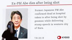 A large screen in Tokyo's Akihabara area shows news that former Japanese Prime Minister Shinzo Abe, 67, was shot to death by a gunman while making a stump speech in Nara, western Japan, for the July 10 House of Councillors election.
(Photo by Kyodo News via Getty Images)