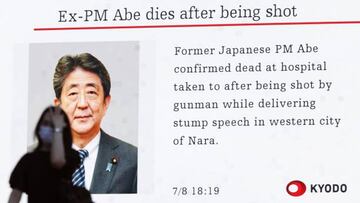 A large screen in Tokyo's Akihabara area shows news that former Japanese Prime Minister Shinzo Abe, 67, was shot to death by a gunman while making a stump speech in Nara, western Japan, for the July 10 House of Councillors election.
(Photo by Kyodo News via Getty Images)