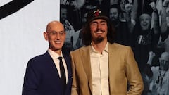 Jun 22, 2023; Brooklyn, NY, USA; Jaime Jaquez Jr (UCLA) with NBA commissioner Adam Silver after being selected eighteenth by the Miami Heat in the first round of the 2023 NBA Draft at Barclays Arena. Mandatory Credit: Wendell Cruz-USA TODAY Sports