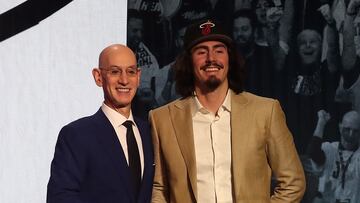 Jun 22, 2023; Brooklyn, NY, USA; Jaime Jaquez Jr (UCLA) with NBA commissioner Adam Silver after being selected eighteenth by the Miami Heat in the first round of the 2023 NBA Draft at Barclays Arena. Mandatory Credit: Wendell Cruz-USA TODAY Sports