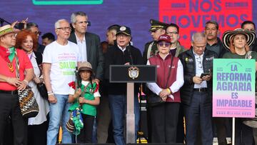 Colombia's President Gustavo Petro speaks during a march in support of his government's proposed health, retirement, employment and prison reforms in Bogota, Colombia, September 27, 2023. REUTERS/Luisa Gonzalez