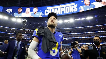 INGLEWOOD, CALIFORNIA - JANUARY 30: Matthew Stafford #9 of the Los Angeles Rams reacts after defeating the San Francisco 49ers in the NFC Championship Game at SoFi Stadium on January 30, 2022 in Inglewood, California. The Rams defeated the 49ers 20-17.   