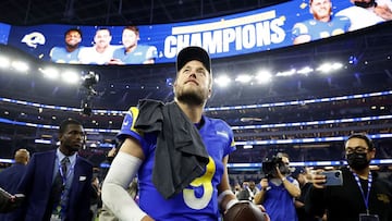 INGLEWOOD, CALIFORNIA - JANUARY 30: Matthew Stafford #9 of the Los Angeles Rams reacts after defeating the San Francisco 49ers in the NFC Championship Game at SoFi Stadium on January 30, 2022 in Inglewood, California. The Rams defeated the 49ers 20-17.