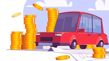 Credit score for car loan cartoon banner, auto financing concept. Automobile stand at huge coin piles, signed paper and smartphone with banking app, service for vehicle purchase, vector illustration