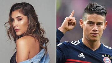 Imágenes de Daniela Ospina en un posado promocional y de James Rodríguez en un partido con el Bayern Múnich.