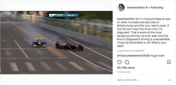 El mensaje que publicó Hamilton en su 'Instagram' con tres años de retraso.