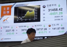 A monitor displays Japan's Nikkei share average, which has had a record breaking-drop in the closing price, at Nagoya Stock Exchange in Nagoya, Japan, August 5, 2024, in this photo taken by Kyodo. Mandatory credit Kyodo/via REUTERS ATTENTION EDITORS - THIS IMAGE HAS BEEN SUPPLIED BY A THIRD PARTY. MANDATORY CREDIT. JAPAN OUT. NO COMMERCIAL OR EDITORIAL SALES IN JAPAN.