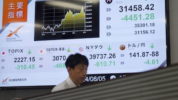 A monitor displays Japan's Nikkei share average, which has had a record breaking-drop in the closing price, at Nagoya Stock Exchange in Nagoya, Japan, August 5, 2024, in this photo taken by Kyodo. Mandatory credit Kyodo/via REUTERS ATTENTION EDITORS - THIS IMAGE HAS BEEN SUPPLIED BY A THIRD PARTY. MANDATORY CREDIT. JAPAN OUT. NO COMMERCIAL OR EDITORIAL SALES IN JAPAN.