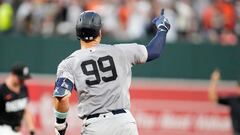 BALTIMORE, MD - JULY 12: Aaron Judge #99 of the New York Yankees celebrates after hitting a solo home run in the third inning during a baseball game against Baltimore Orioles at the Oriole Park at Camden Yards on July 12, 2024 in Baltimore, Maryland.   Mitchell Layton/Getty Images/AFP (Photo by Mitchell Layton / GETTY IMAGES NORTH AMERICA / Getty Images via AFP)