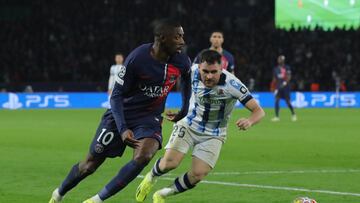 Paris (France), 14/02/2024.- Ousmane Dembele (L) of PSG and Javi Galan of Real Sociedad in action during the UEFA Champions League Round of 16, 1st leg match between Paris Saint Germain (PSG) and Real Sociedad in Paris, France, 14 February 2024. (Liga de Campeones, Francia) EFE/EPA/TERESA SUAREZ
