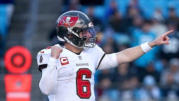 CHARLOTTE, NORTH CAROLINA - JANUARY 07: Baker Mayfield #6 of the Tampa Bay Buccaneers reacts during the fourth quarter against the Carolina Panthers at Bank of America Stadium on January 07, 2024 in Charlotte, North Carolina.   Jared C. Tilton/Getty Images/AFP (Photo by Jared C. Tilton / GETTY IMAGES NORTH AMERICA / Getty Images via AFP)