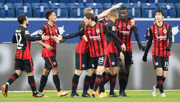 Frankfurt's players celebtrate teammate Frankfurt's French defender Evan N'Dicka scoring the 2-1 goal during the German first division Bundesliga football match between TSG 1899 Hoffenheim and Eintracht Frankfurt in Sinsheim, on February 7,