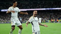 Joselu y Bellingham celebran un gol en el partido de LaLiga EA Sports contra la Real Sociedad.