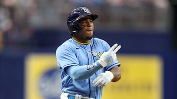 Apr 9, 2023; St. Petersburg, Florida, USA;  Tampa Bay Rays shortstop Wander Franco (5) celebrates after hitting a home run against the Oakland Athletics in the first inning at Tropicana Field. Mandatory Credit: Nathan Ray Seebeck-USA TODAY Sports