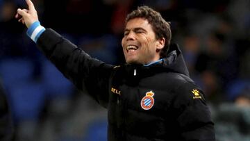 El entrenador del Espanyol, Joan Francesc Ferrer "Rubi", durante el partido de la Liga Santander de fútbol disputado hoy contra la Real Sociedad en el estadio de Anoeta de San Sebastián.