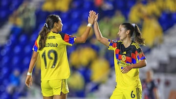 Bruna Vilamala celebrates her goal 1-0 with Angelique Saldivar of America during the 6th round match between America and Puebla as part of the Liga BBVA MX Femenil, Torneo Apertura 2025 at Ciudad de los Deportes Stadium, on August 13, 2025 in Mexico City, Mexico.