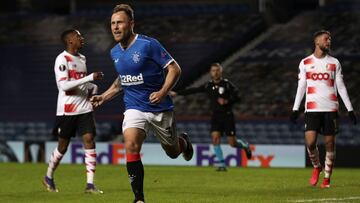 GLASGOW, SCOTLAND - DECEMBER 03: Scott Arfield of Rangers celebrates after scoring their team's third goal during the UEFA Europa League Group D stage match between Rangers and Standard Liege at Ibrox Stadium on December 03, 2020 in Glasgow, Scotland