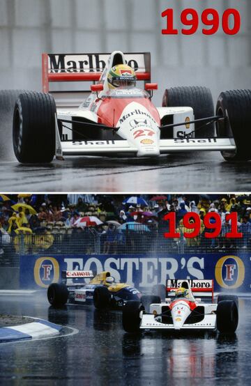 Senna se vengaría de Prost (ya en Ferrari) un año después y en el mismo circuito donde perdió el campeonato de 1989, al colisionar con el francés en la primera curva. El brasileño declaró antes de la carrera que si Prost le ganaba la posición en la salida aprovechando el lado limpio de la pista (que consiguió tras otra polémica decisión de Balestre), él no cedería en la primera curva. El abandono de ambos convirtió a Ayrton Senna Campeón del Mundo con el MP4/5B. Ayrton Senna ganó su tercer y último título con McLaren-Honda en 1991 por delante del británico Nigel Mansell y su Williams FW14 con el MP4/6. En la imagen ambos en el GP de Australia.