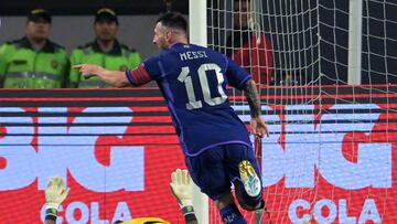 Argentina's forward Lionel Messi celebrates after scoring during the 2026 FIFA World Cup South American qualification football match between Peru and Argentina at the National Stadium in Lima on October 17, 2023. (Photo by ERNESTO BENAVIDES / AFP)