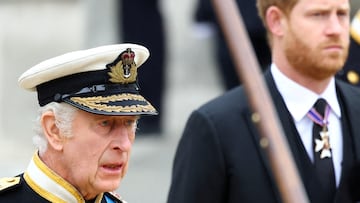 FILE PHOTO: Britain's King Charles and Britain's Prince Harry, Duke of Sussex attend the state funeral and burial of Britain's Queen Elizabeth, in London, Britain, September 19, 2022.  REUTERS/Hannah McKay/Pool/File Photo