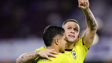 Nov 25, 2023; Orlando, Florida, USA; Columbus Crew forward Christian Ramirez (17) celebrates scoring a goal against Orlando City with forward Cucho Hernández (9) during the first half of extra time in a MLS Cup Eastern Conference Semifinal match at Exploria Stadium. Mandatory Credit: Nathan Ray Seebeck-USA TODAY Sports