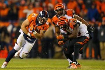 Los Broncos completaron la remontada ante Cincinnati Bengals y se asegur¨® una plaza en los playoffs. El tight end Owen Daniels fue el m¨¢ximo receptor de los locales con 70 yardas en 5 recepciones.