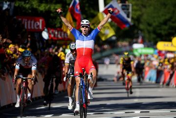 Arnaud Démare celebra la victoria en la meta de Vittel por delante de Peter Sagan y Alexander Kristoff.